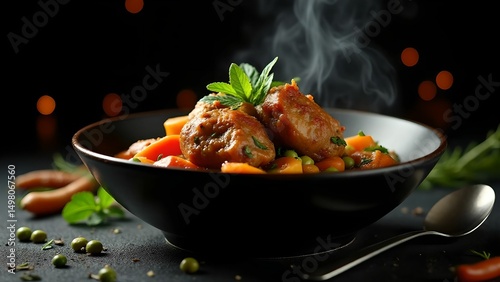 Spicy vegetable stew with smoked meat and fresh herbs