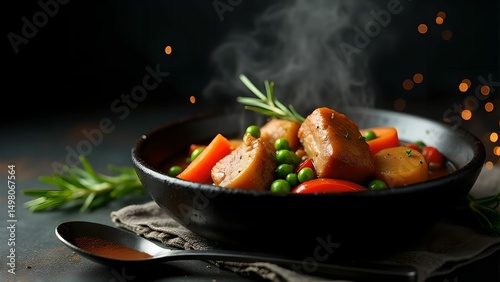 Spicy vegetable stew with smoked meat and fresh herbs