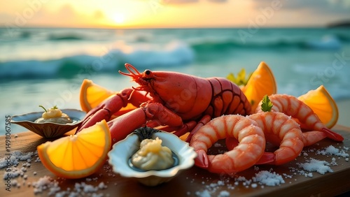 Fresh seafood platter with lobster and shrimp displayed on beach at sunset