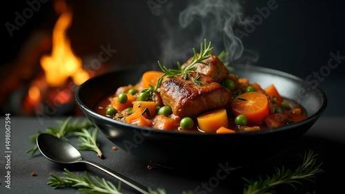 Spicy vegetable stew with smoked meat and fresh herbs