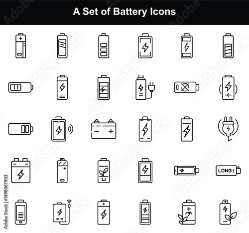 Battery Icons Vector Set, Power Symbols Outline Style, Transparent Background, Energy