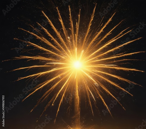 Radiant yellow fireworks explode against a deep night sky, vibrant and intense ,  shine,  celebration,  sun