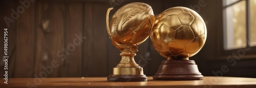 Gleaming gold football trophy on rich wood, sunlit ,  championship,  still life