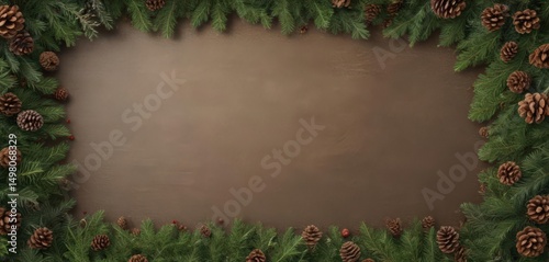 Lush fir branches and pine cones form a rustic Christmas border , background, festive, decorative