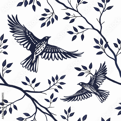Elegant Silhouette Aviary Pattern With Birds and Branches in Monochrome Design

