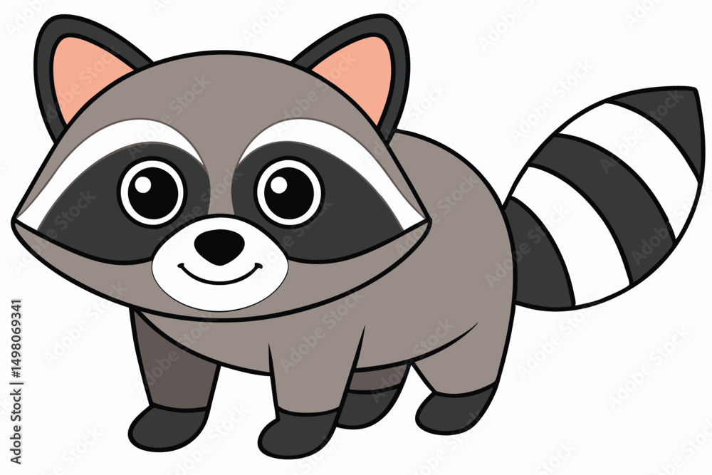 Fototapeta premium Cartoon Raccoon Illustration with Striped Tail, Black Eyes, and Smiling Face Design