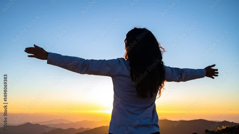Woman Silhouette Embracing Sunrise Over Mountains Woman Silhouette Embracing Sunrise Over Mountains