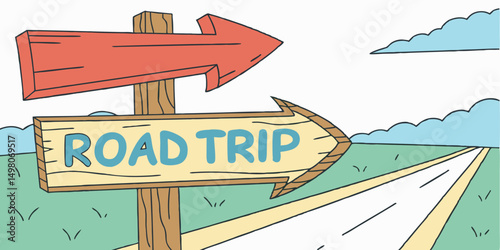 Cartoon road trip signpost guiding towards adventure on a sunny summer day