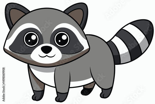 Cartoon Raccoon with Big Eyes and Striped Tail Isolated Cute Drawing