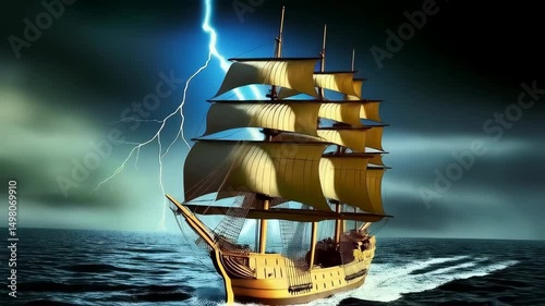 Stormy seas and sailing ship navigating through heavy fog in the early morning hours