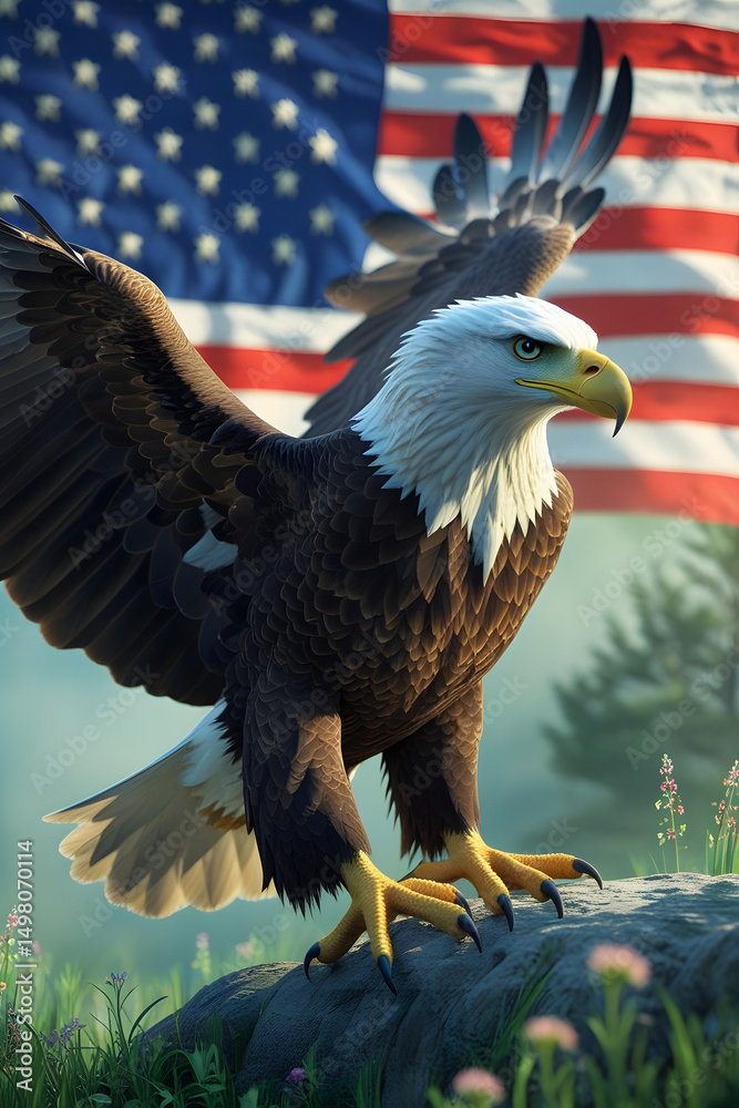 Naklejka premium American Bald Eagle with Open Wings in Front of USA Flag