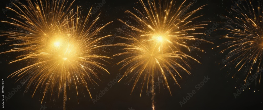 Naklejka premium Intense yellow firework bursts illuminate the dark, creating a radiant glow, dark, yellow, sky