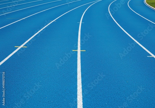 Bright blue running track with white lanes, capturing the essence of athletic competition.