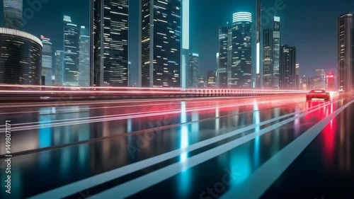 High-speed nighttime drive through a neon-lit city with futuristic car