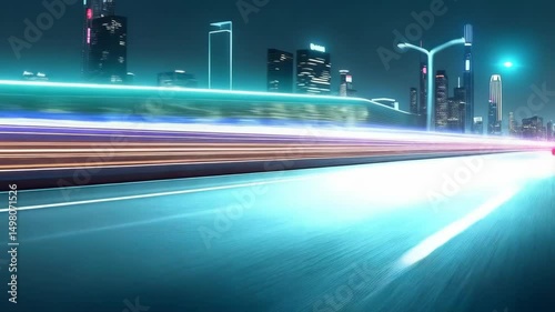 High-speed nighttime drive through a neon-lit city with futuristic car