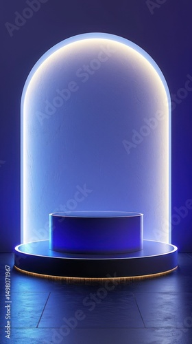 Empty Blue Neon Display Podium Studio