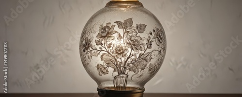 Ornate floral etching on a clear glass light bulb, symbolic of new ideas ,  lighting,  bulb