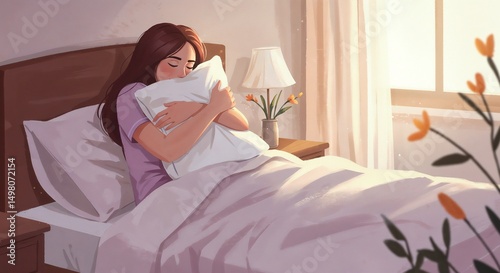 Young woman hugging pillow while lying in bed during morning light  