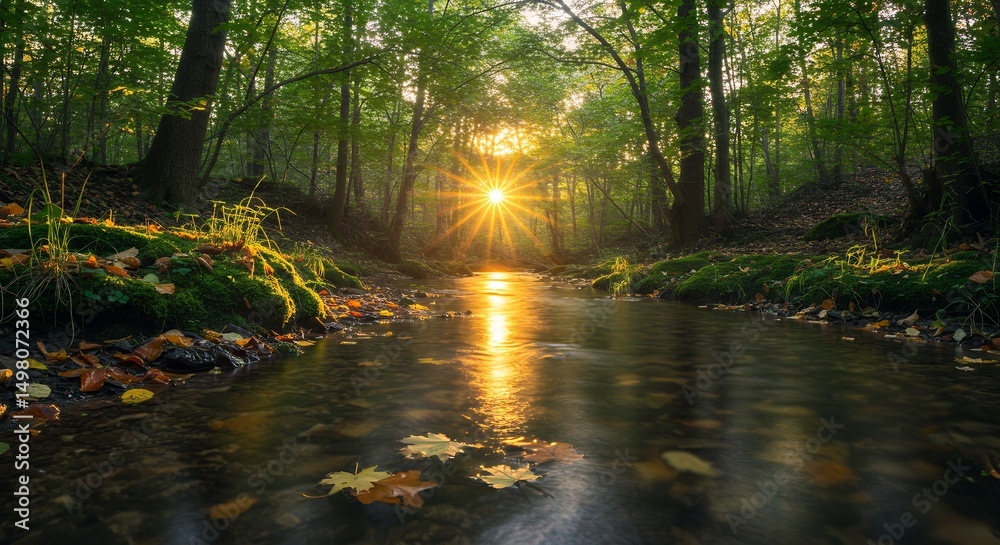 Obraz premium Stream in Forest at Sunset