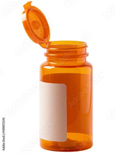 Empty Transparent Amber Pill Bottle with Blank Label Isolated on Transparent Background Pharmaceutical Medication Healthcare Product