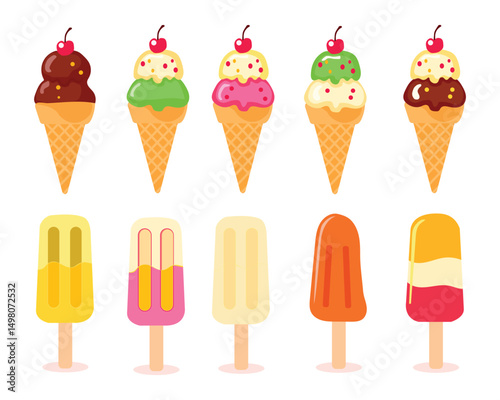 Colorful Ice Cream and Popsicle Icon Set  Flat Vector Collection on White Background