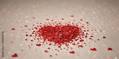 Red heart confetti scattered on a table near a gift  Soft light, pastel background ,  happy,  sweet,  background