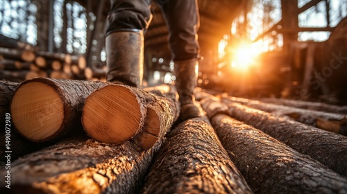 Wallpaper Mural Woodworking production,  view of freshly cut logs arranged neatly on a wooden surface. Sunlight filters through the trees in the background, casting warm, golden light across the scene.  Torontodigital.ca