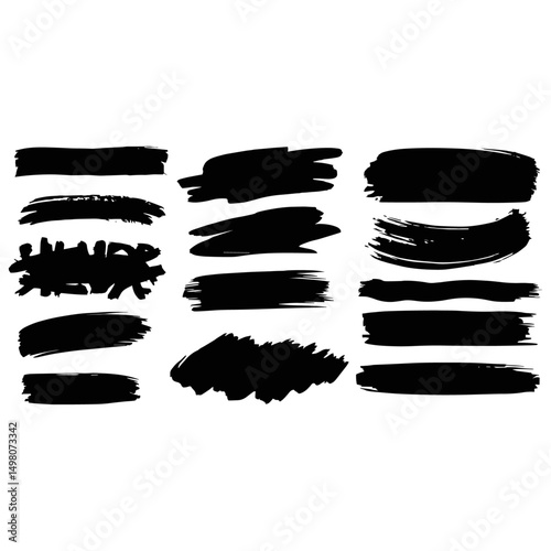 Black brush strokes vector illustration, abstract grunge texture on white background. Artistic design element, paint smear, ink splatter, creative graphic element
