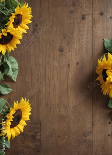 Sunflowers arranged on rustic wooden board, vibrant yellow petals , floral, farm, wood