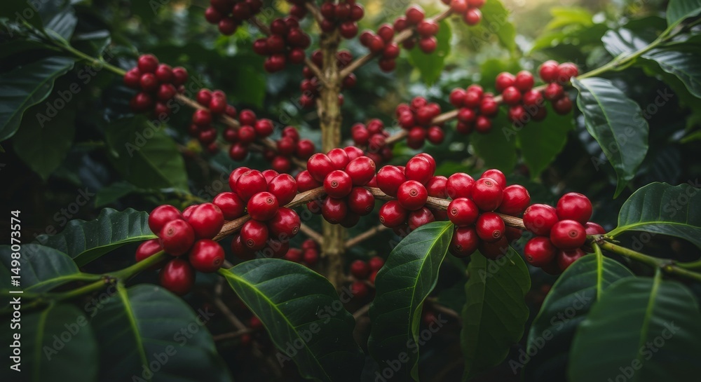 Obraz premium Lush Coffee Plant with Ripe Cherries - Close-up view of a coffee plant laden with vibrant red coffee cherries, ready for harvest. Dark green leaves provide a rich backdrop