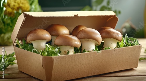 A cardboard box filled with mushrooms and greens.