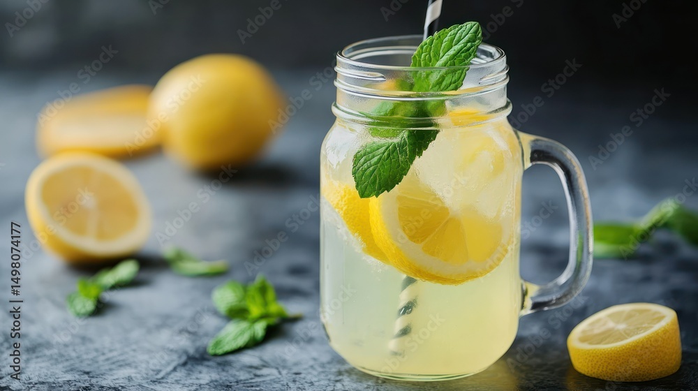 Fototapeta premium Refreshing lemonade in a mason jar with lemons and mint leaves.