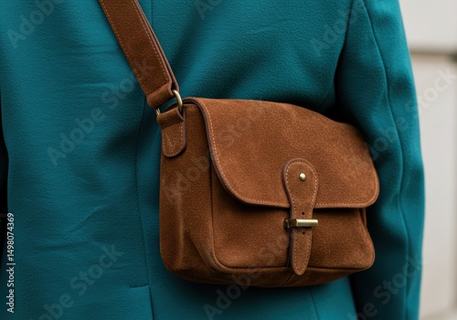 A beautiful brown suede crossbody bag is elegantly worn over a teal colored coat.