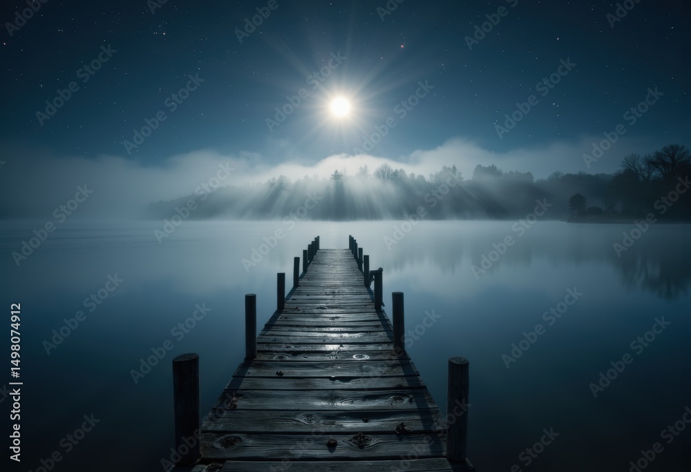 Obraz premium Serene moonlit lake scene with a wooden dock extending into calm water under a bright full moon