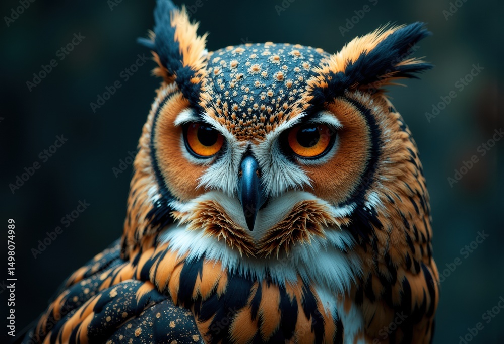 Obraz premium Close-up of a majestic owl with piercing orange eyes and detailed feather patterns