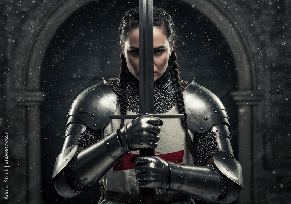 Naklejka premium A striking portrait of a female knight, ready for battle, holding a sword in front of her face.