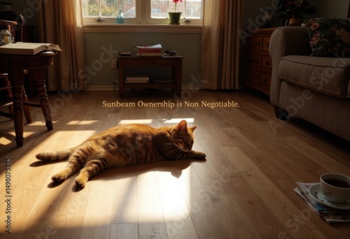 A relaxed orange cat lounging in a sunbeam on a wooden floor