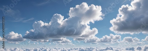 Vast blue sky, fluffy white clouds dominate foreground  Depth and dimension evident , white, depth, photography