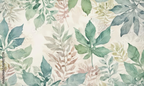 Delicate leaf pattern watercolor card; pastel hues, illustration, leaves, pretty