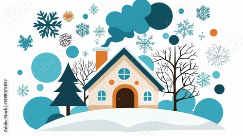 A cozy winter scene with a house, trees, and snowflakes.