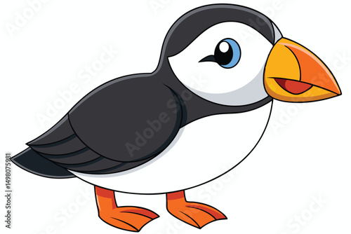 Cartoon Puffin Illustration Standing Bird with Orange Beak and Feet, Black and White Body