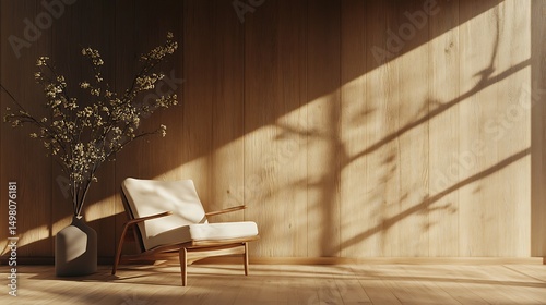 A sunlit room with a wooden wall, chair, and vase.