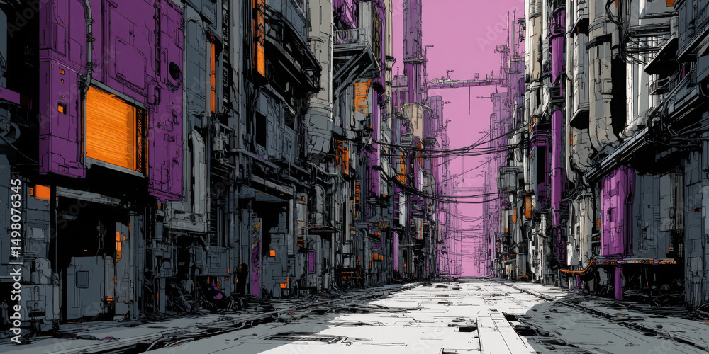 Fototapeta premium Futuristic cityscape narrow street cyberpunk alleyway digital art