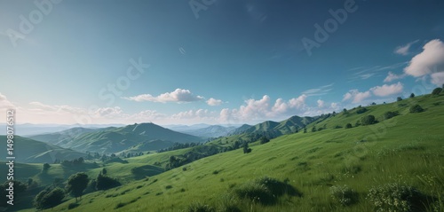 Rolling hills of emerald green against a deep azure sky, untouched and pure , green, natural