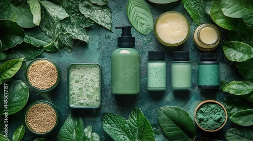 Green spa products surrounded by leaves on a dark background