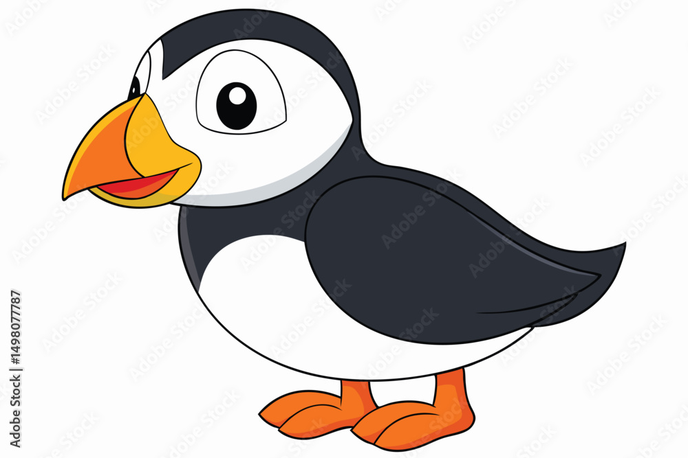 Obraz premium Cartoon Puffin Bird with Large Orange Beak and Feet Standing Angled