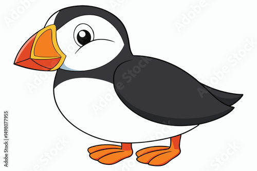 Cartoon Atlantic Puffin Illustration with Black Back and a Striking Orange Beak and Feet