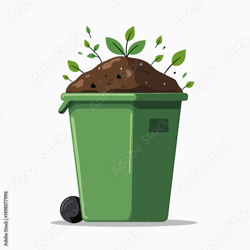 Green Recycling Bin with Soil and Sprouting Plants, Illustration of Sustainable Waste Management and Environmental Growth