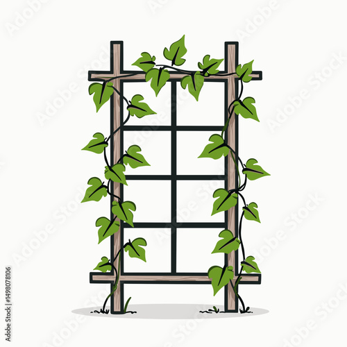 Illustration of a Wooden Garden Trellis with Climbing Ivy, Perfect for Outdoor Decor and Greenery
