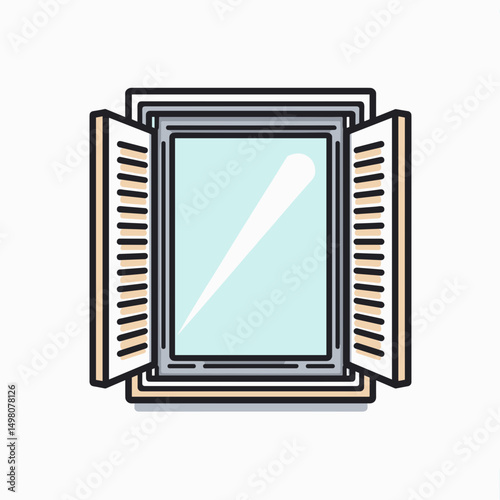 Open Window with Shutters Vector Illustration, Clean Line Art Style, Isolated on White Background